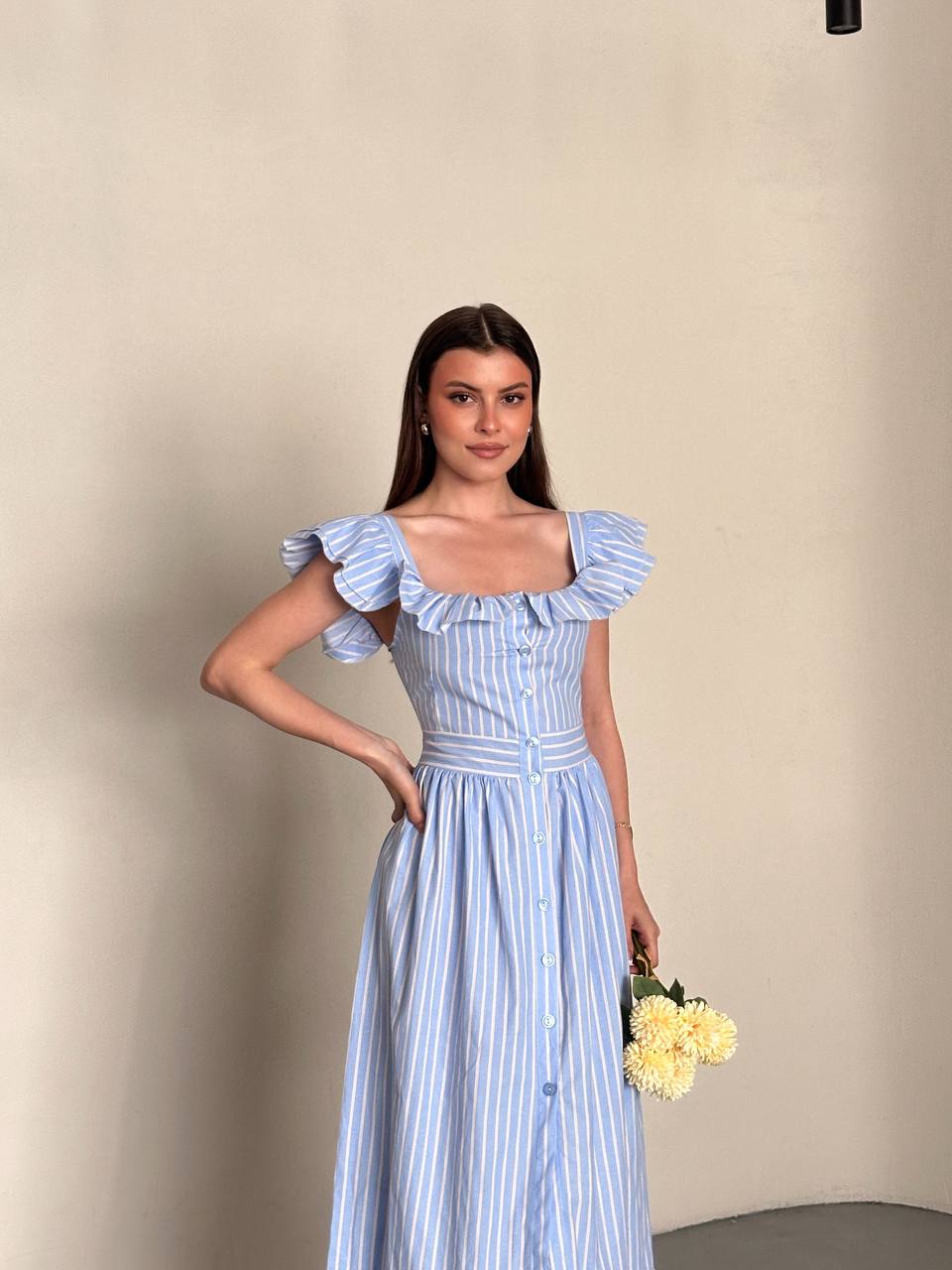 Ruffle Button Stripe Maxi Dress