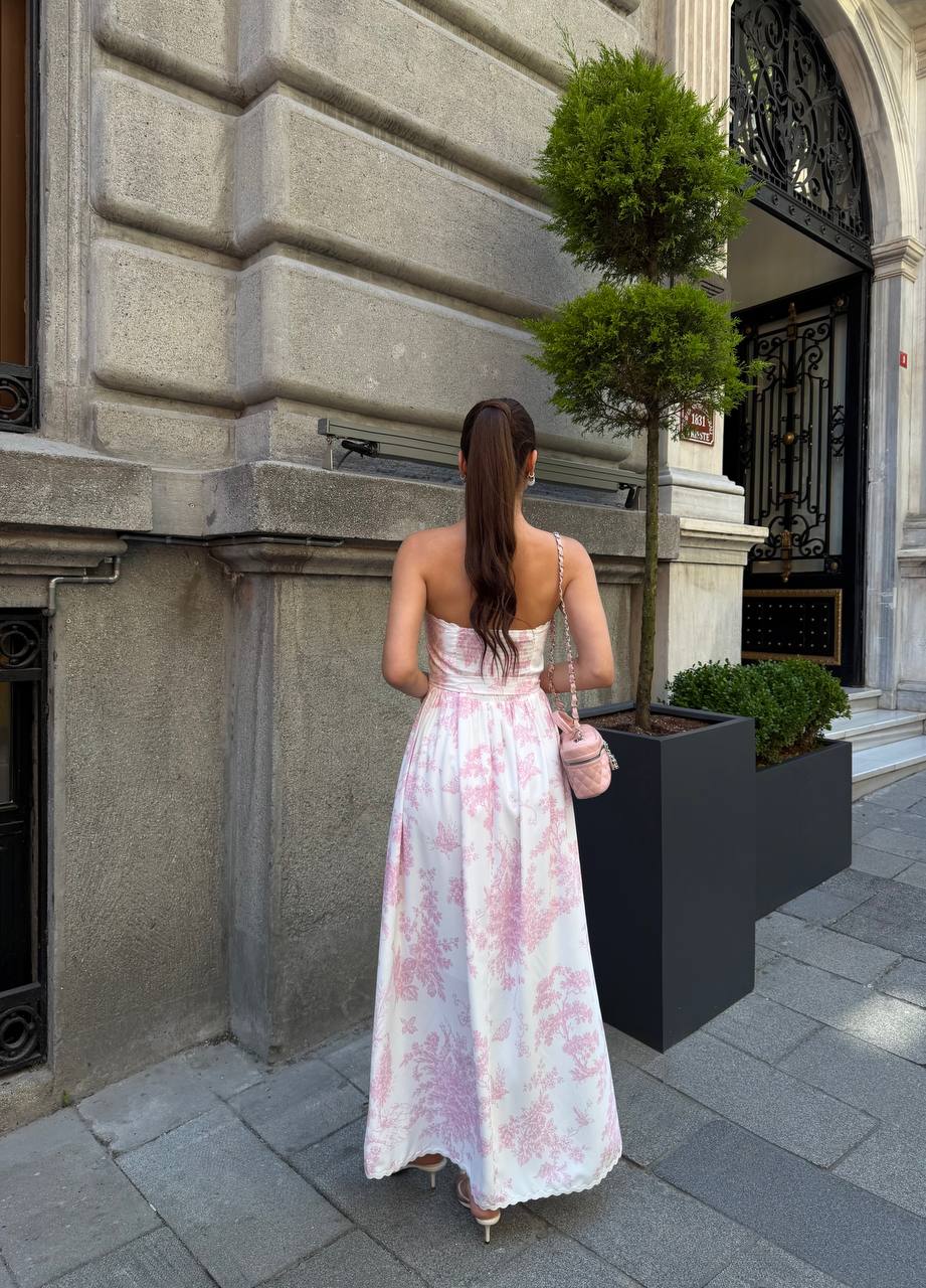 Porcelain Bloom Floral Strapless Maxi Dress
