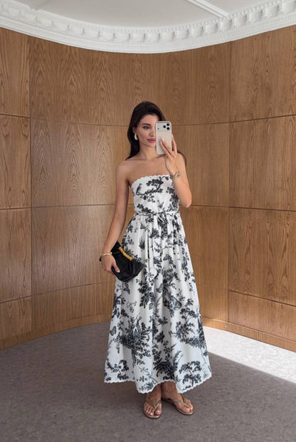 Porcelain Bloom Floral Strapless Maxi Dress