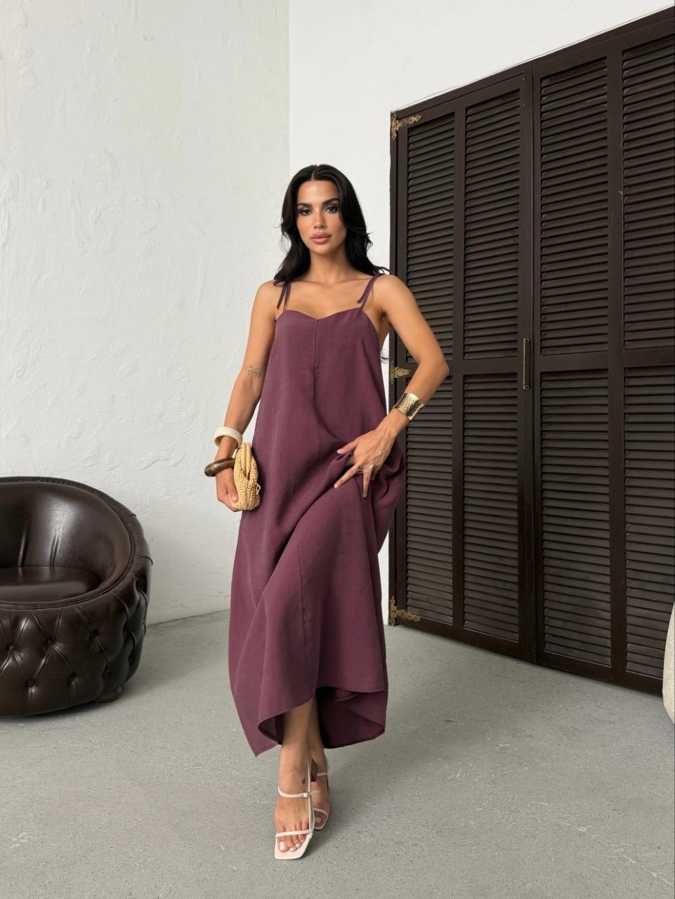 Serena Tie Strap Linen Maxi Dress