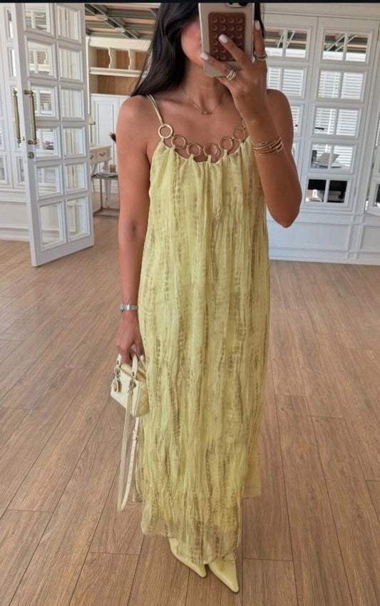 Lime Glow Ring Detail Flowy Maxi Dress