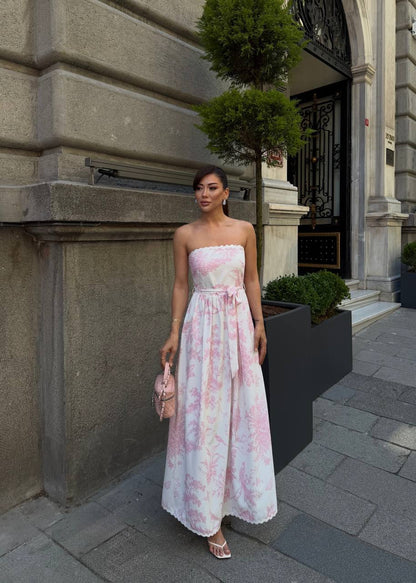 Porcelain Bloom Floral Strapless Maxi Dress