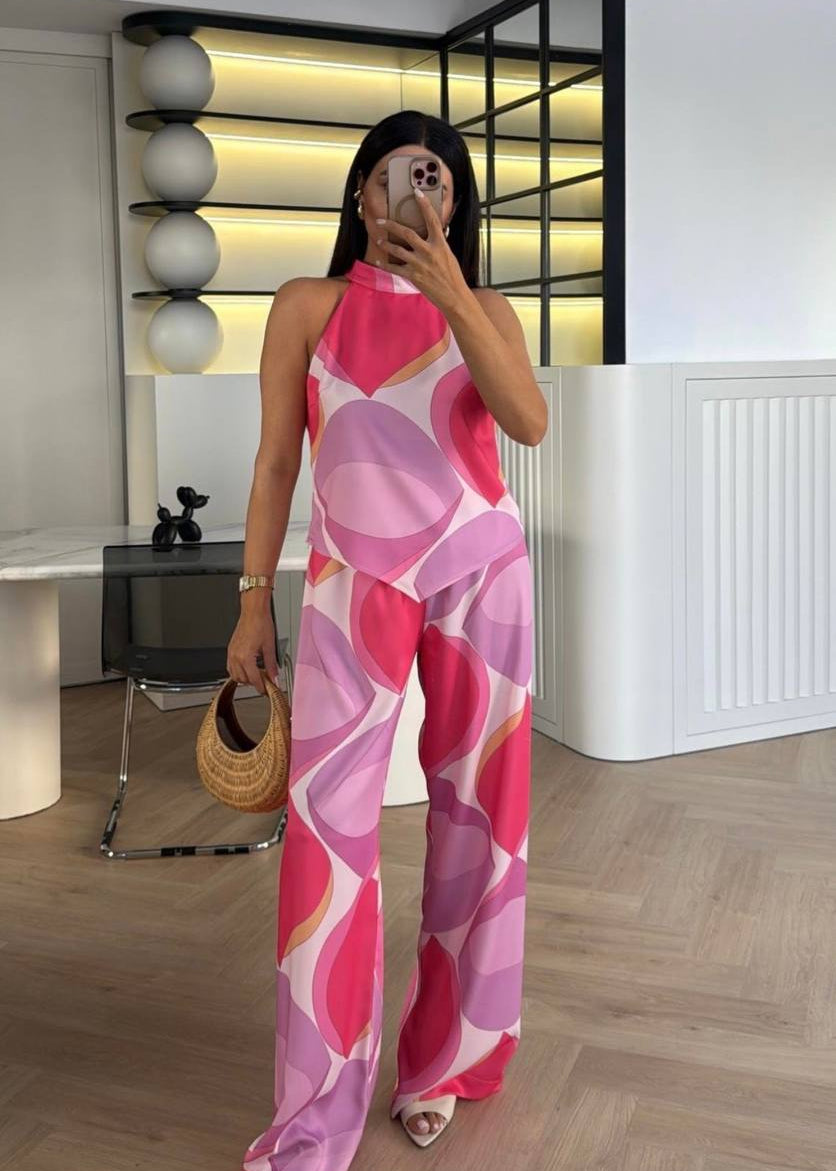 Aqua Bloom Halter Two Piece Pants Set