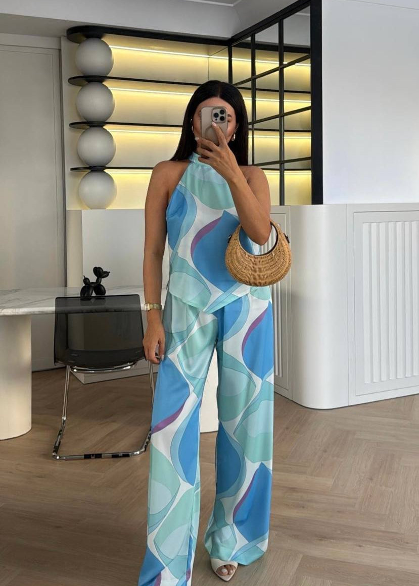 Aqua Bloom Halter Two Piece Pants Set