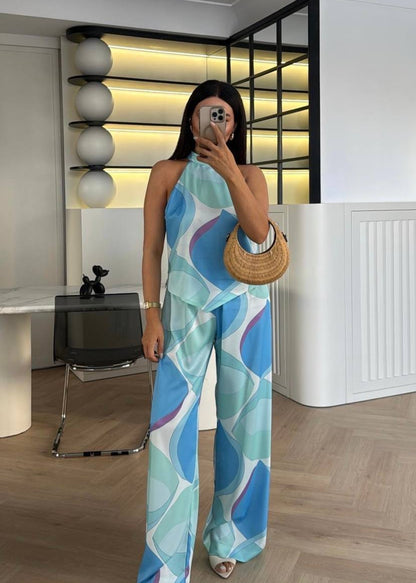 Aqua Bloom Halter Two Piece Pants Set