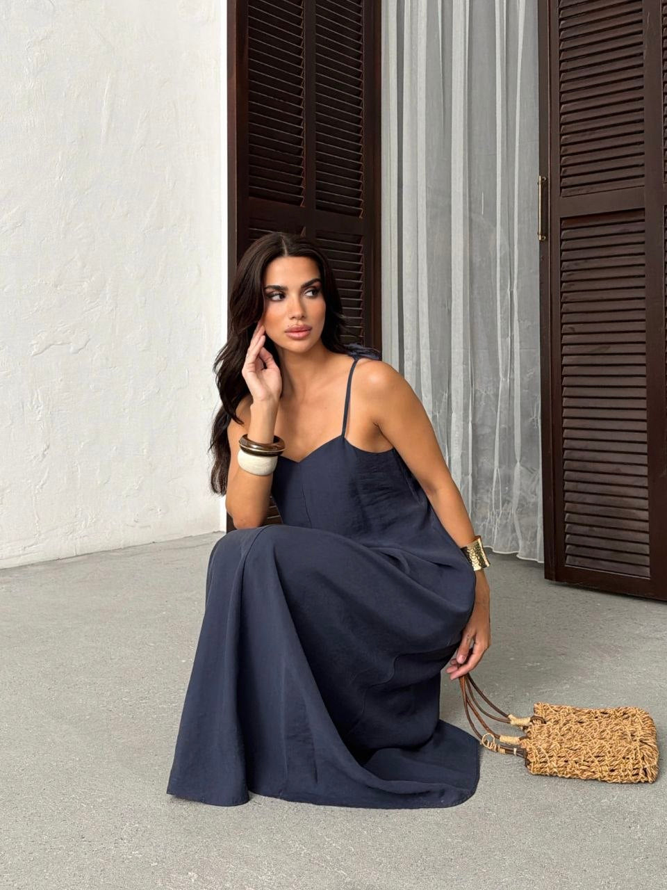 Serena Tie Strap Linen Maxi Dress