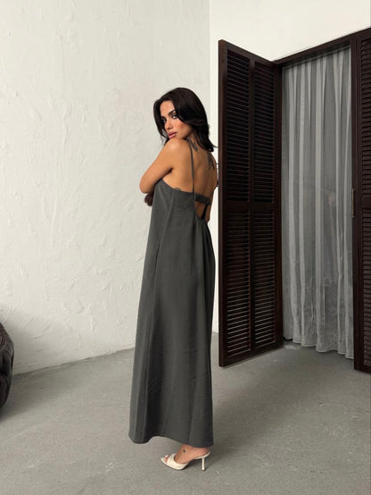 Serena Tie Strap Linen Maxi Dress