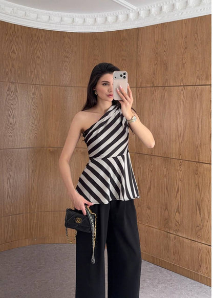 Monochrome Muse One Shoulder Two Piece Set