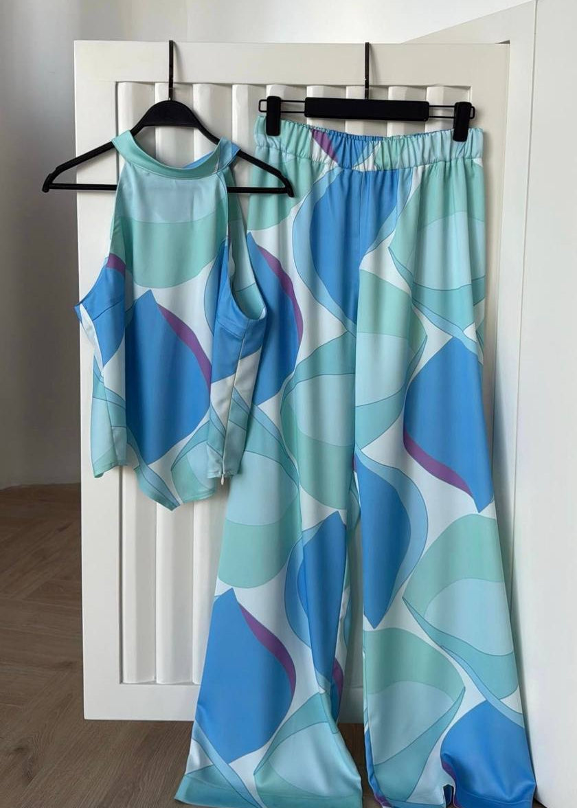 Aqua Bloom Halter Two Piece Pants Set