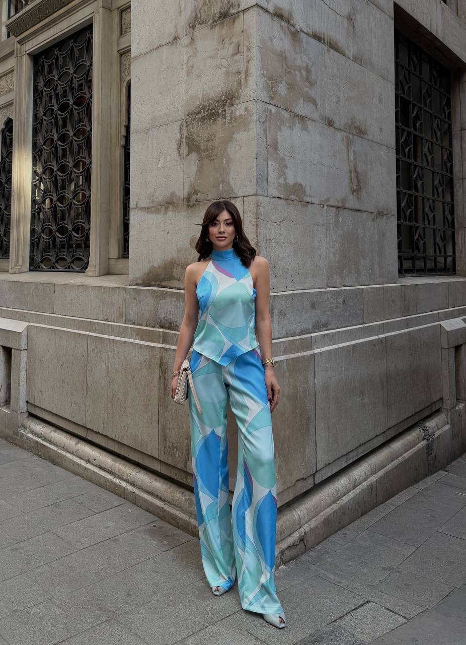 Aqua Bloom Halter Two Piece Pants Set