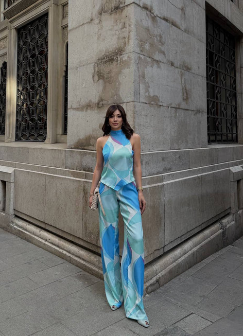Aqua Bloom Halter Two Piece Pants Set