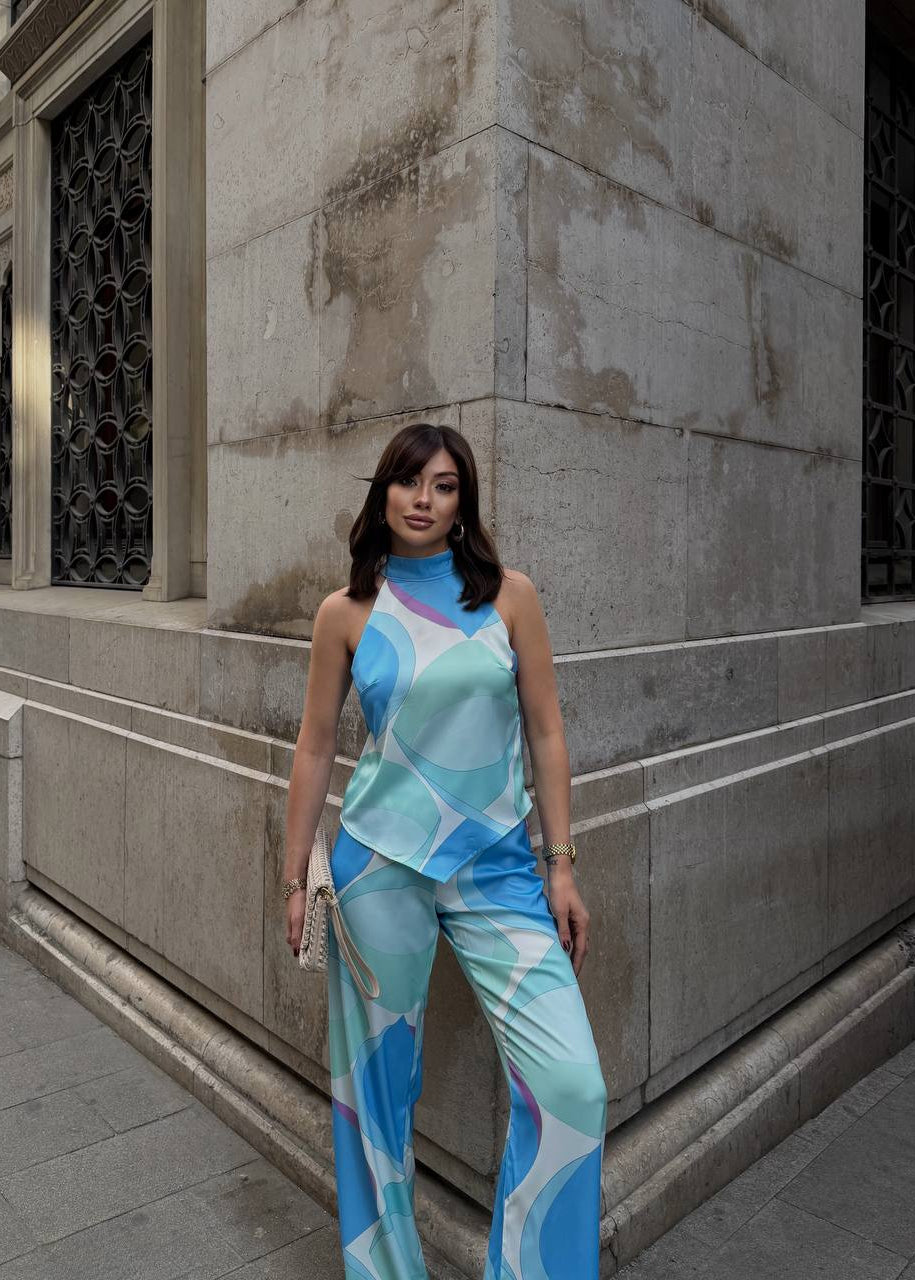 Aqua Bloom Halter Two Piece Pants Set