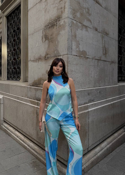 Aqua Bloom Halter Two Piece Pants Set