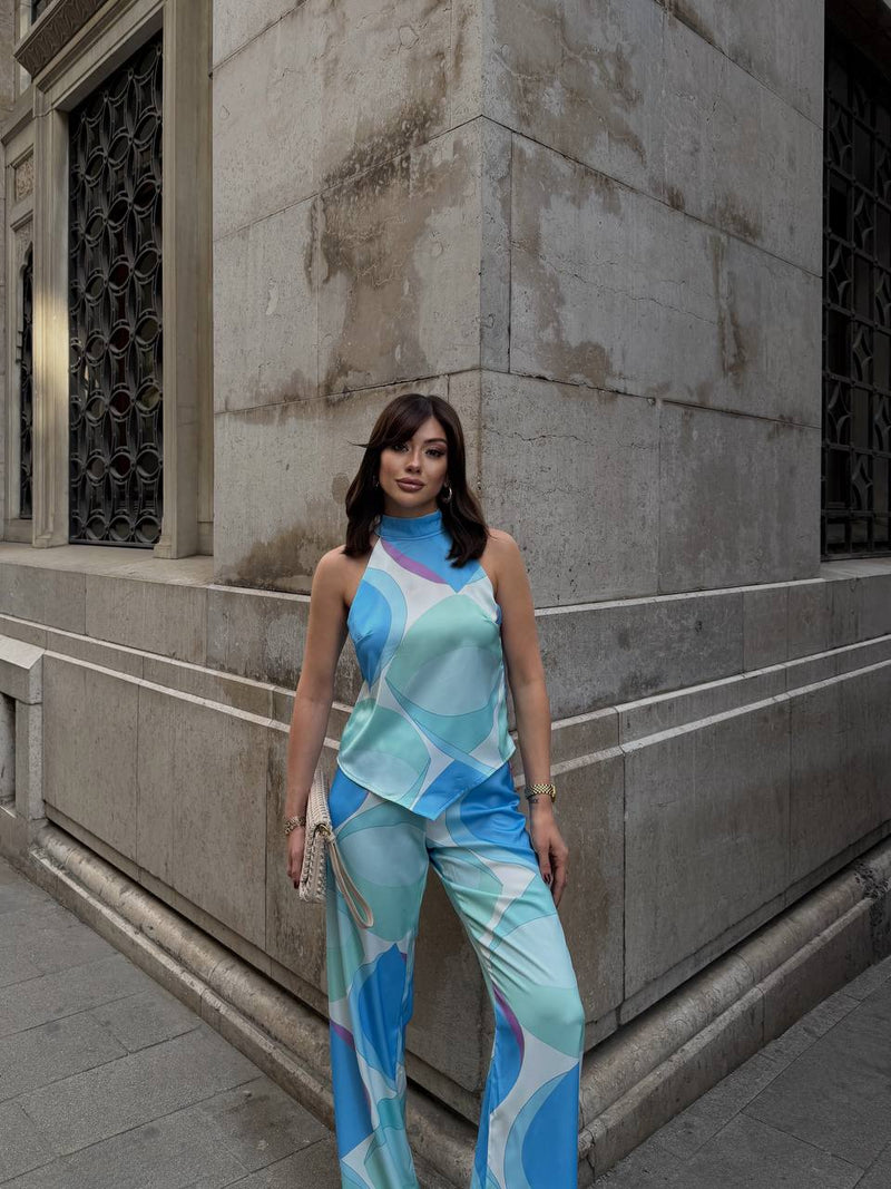 Aqua Bloom Halter Two Piece Pants Set