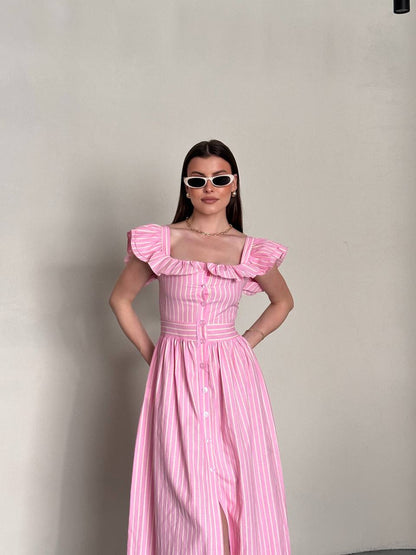 Ruffle Button Stripe Maxi Dress
