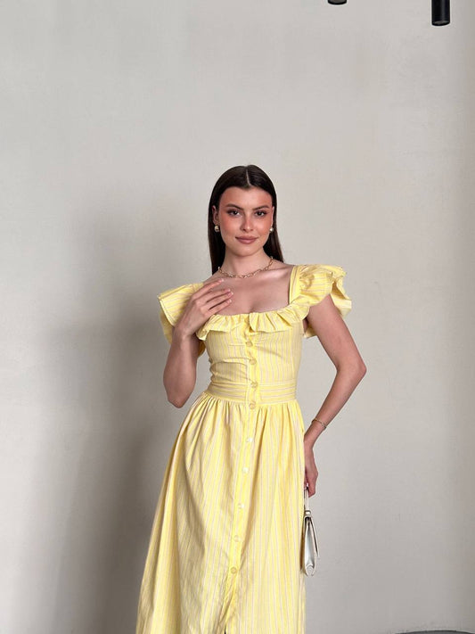 Ruffle Button Stripe Maxi Dress