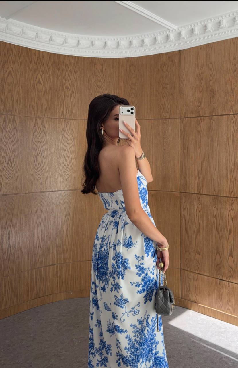 Porcelain Bloom Floral Strapless Maxi Dress