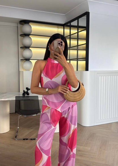 Aqua Bloom Halter Two Piece Pants Set