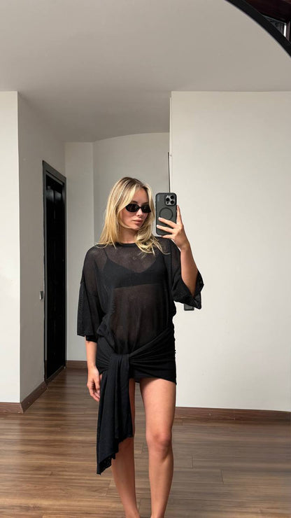 Luna Mesh Tie Waist Cover-Up Dress
