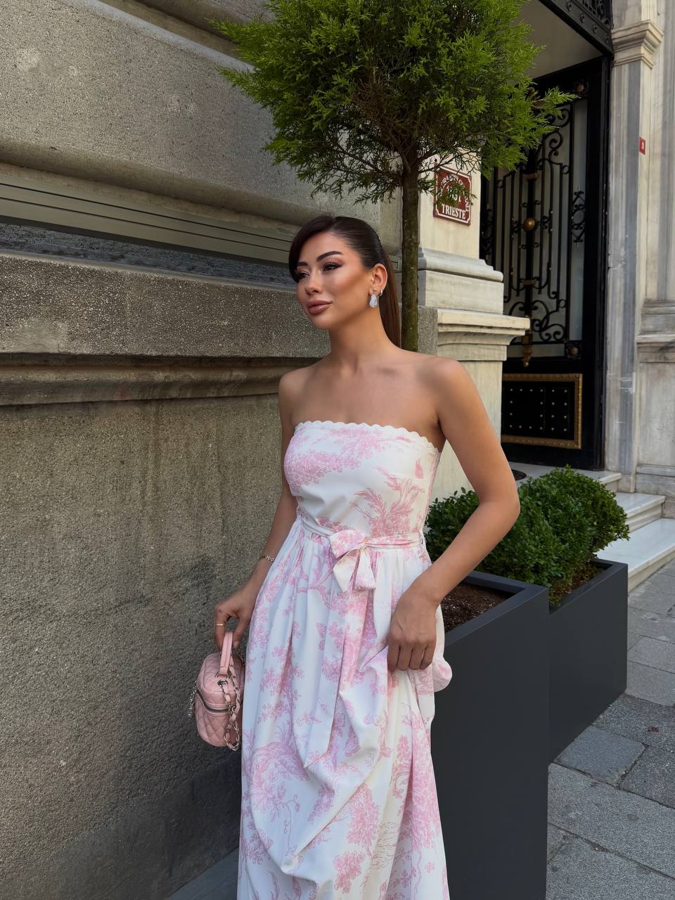 Porcelain Bloom Floral Strapless Maxi Dress