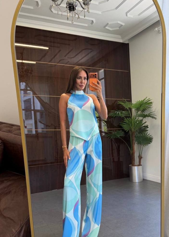 Aqua Bloom Halter Two Piece Pants Set