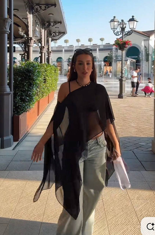 Noir Sheer Asymmetric Cover-Up Top