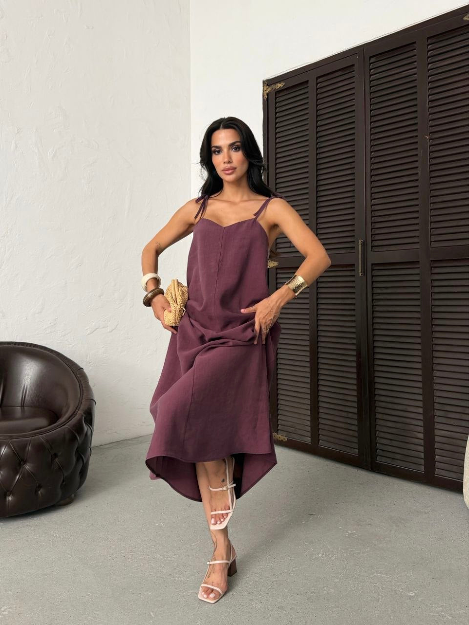 Serena Tie Strap Linen Maxi Dress