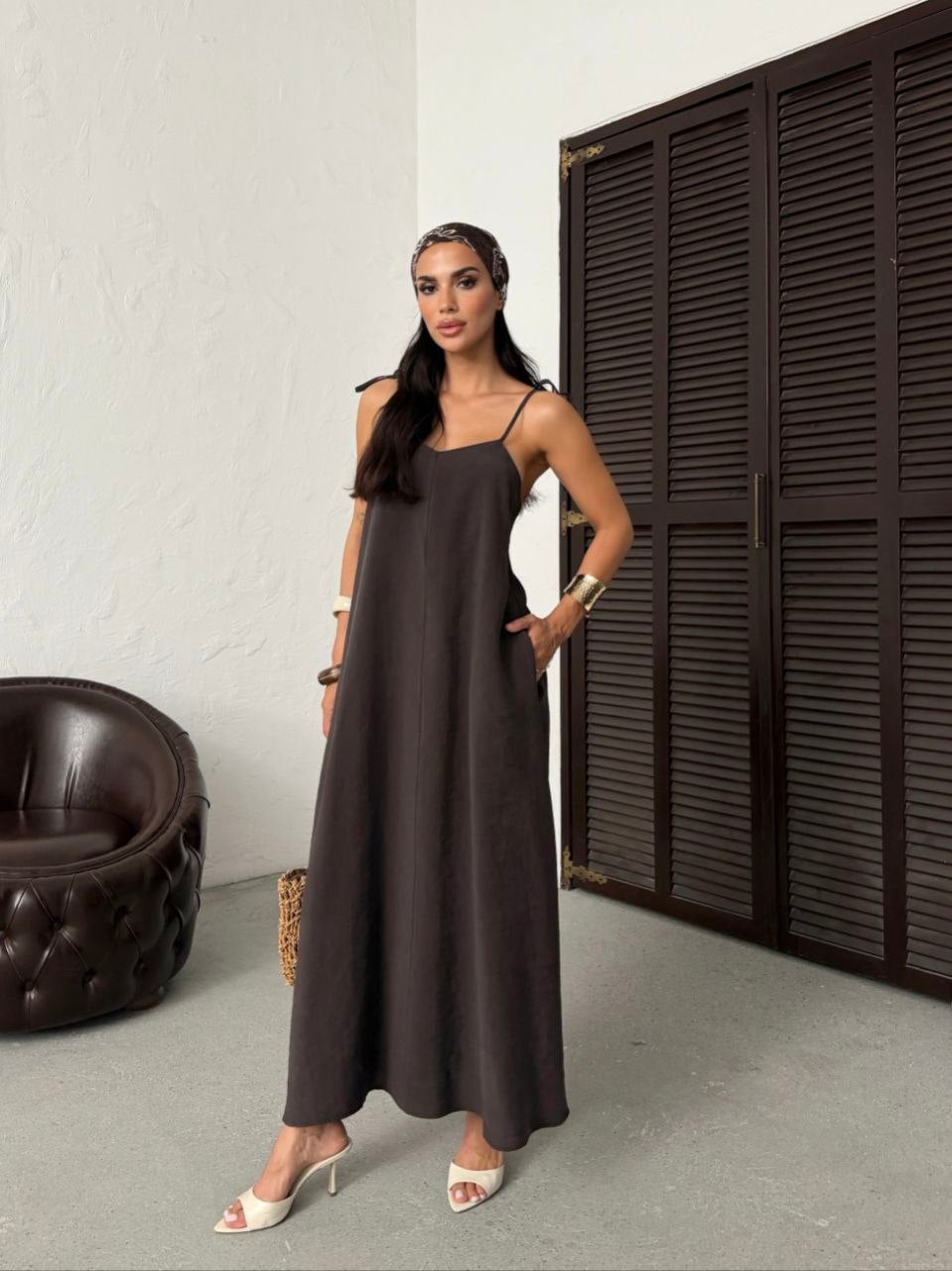 Serena Tie Strap Linen Maxi Dress