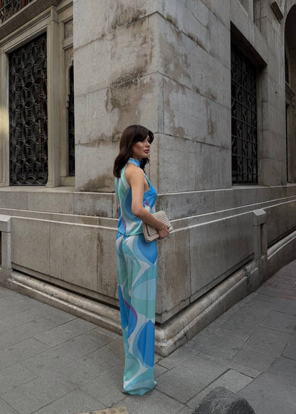 Aqua Bloom Halter Two Piece Pants Set