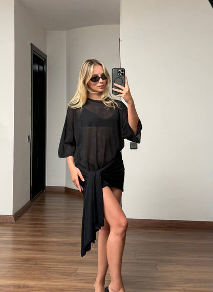 Luna Mesh Tie Waist Cover-Up Dress
