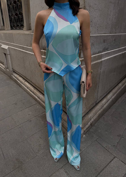 Aqua Bloom Halter Two Piece Pants Set