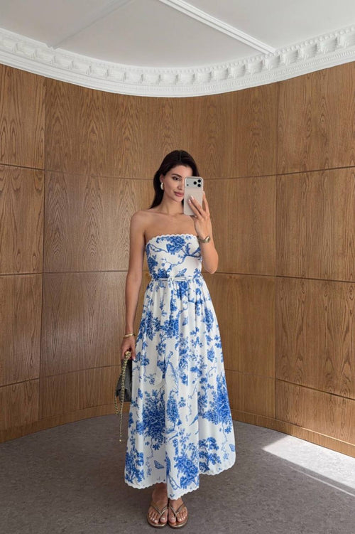 Porcelain Bloom Floral Strapless Maxi Dress