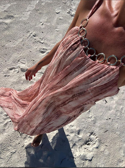 Lime Glow Ring Detail Flowy Maxi Dress