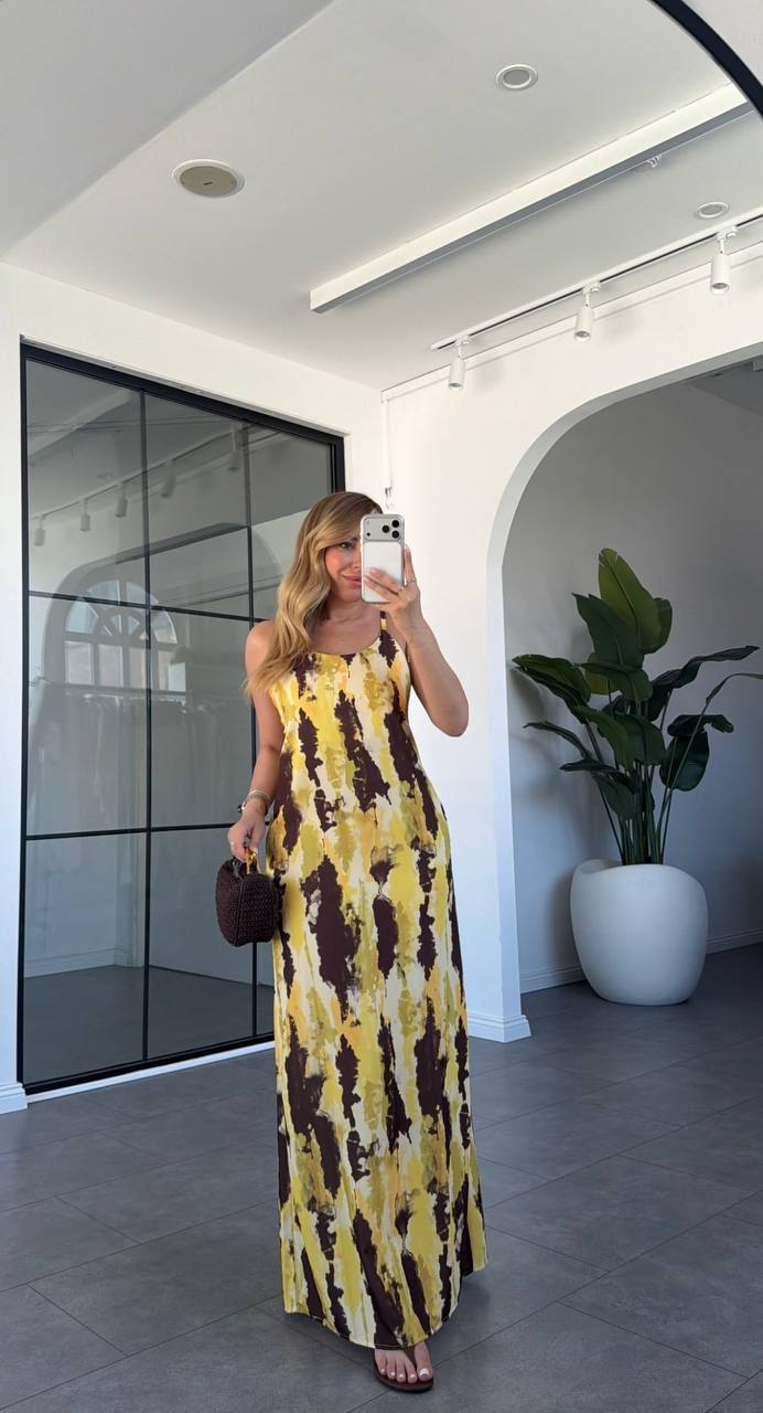 Golden Muse Abstract Strap Maxi Dress